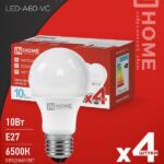 Лампа светодиодная LED-A60-VC 4PACK 10Вт 230В Е27 6500К 950Лм (4шт./упак) IN HOME