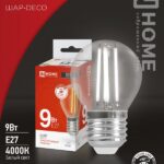 Лампа светодиодная LED-ШАР-deco 9Вт 230В Е27 4000К 1040Лм прозрачная IN HOME