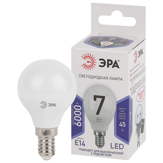 Купить оптом недорого Лампочка светодиодная ЭРА STD LED P45-7W-860-E14 E14 / Е14 7Вт шар холодный дневной свет