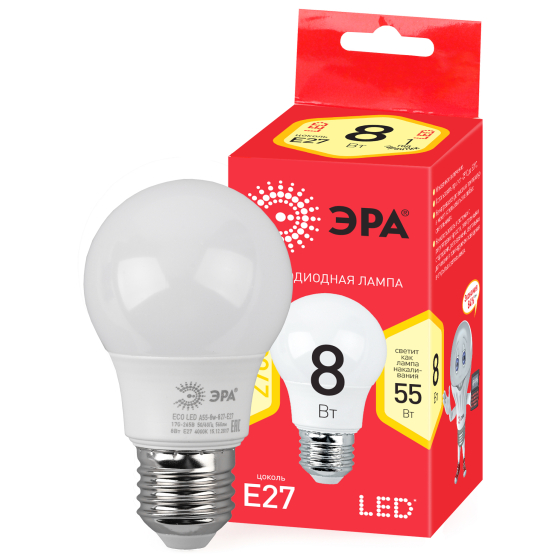 Купить оптом недорого Лампочка светодиодная ЭРА RED LINE ECO LED A55-8W-827-E27 E27 / Е27 8Вт груша теплый белый свет