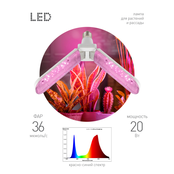 Купить оптом недорого Фитолампа для растений светодиодная ЭРА GREEN LINE ФИТО-20W-PL-E27-GR 2-х лепестковая красно-синего спектра 20 Вт Е27