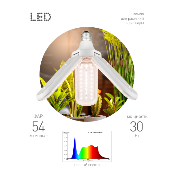 Купить оптом недорого Фитолампа для растений светодиодная ЭРА GREEN LINE ФИТО-30W-PFR-E27-GR 3-х лепестковая полного спектра 30 Вт Е27