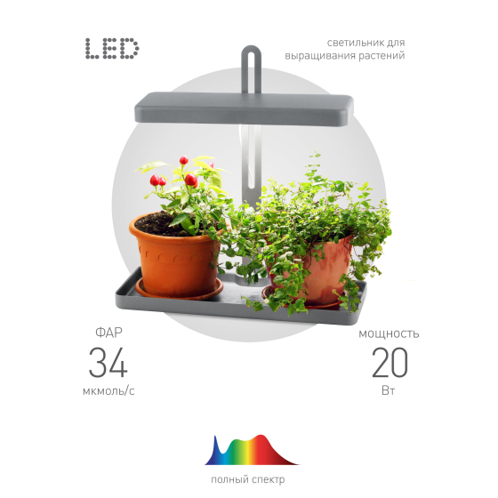 Купить оптом недорого Настольный светильник для растений ЭРА FITO-20W-QLED-G полного спектра 20 Вт серый