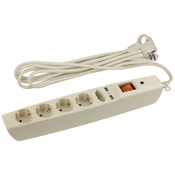 Купить оптом недорого Сетевой фильтр ЭРА SFU-5es-2m-I с надежной защитой с заземлением с выключателем 5 розеток 2xUSB 2м 10А слоновая кость