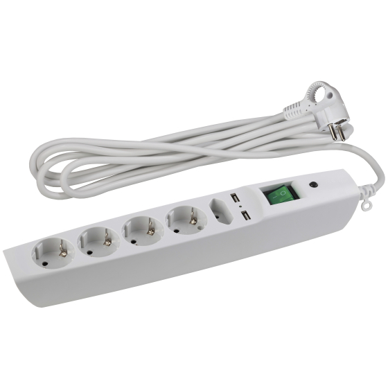Купить оптом недорого Сетевой фильтр ЭРА SFU-5es-2m-W с надежной защитой с заземлением с выключателем 5 розеток 2xUSB 2м 10А белый