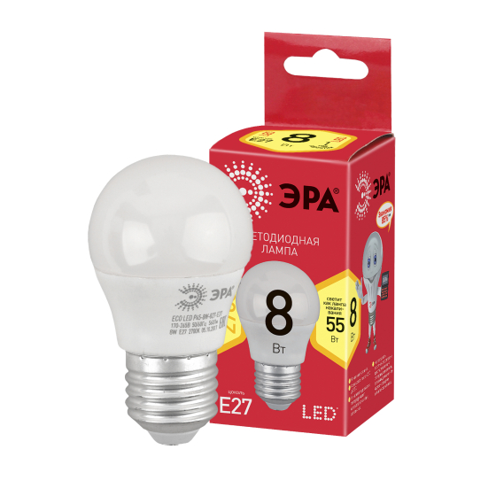 Купить оптом недорого Лампочка светодиодная ЭРА RED LINE ECO LED P45-8W-827-E2 E27 / Е27 8Вт шар теплый белый свет