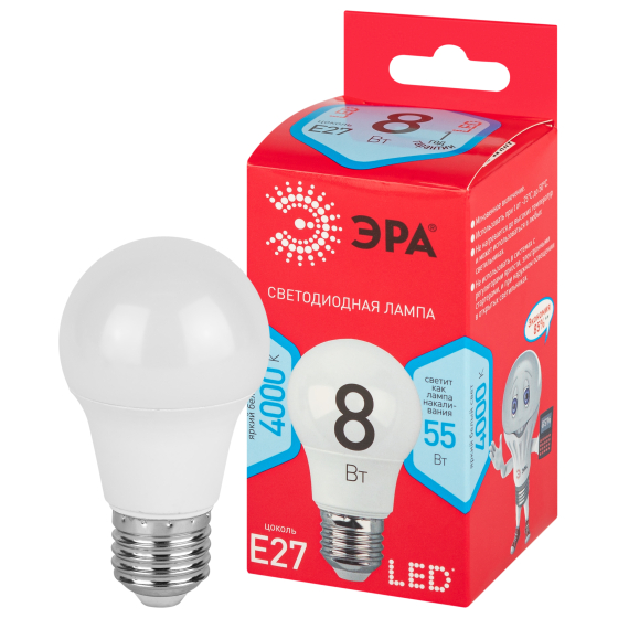 Купить оптом недорого Лампочка светодиодная ЭРА RED LINE LED A55-8W-840-E27 R Е27 / E27 8Вт груша нейтральный белый свет