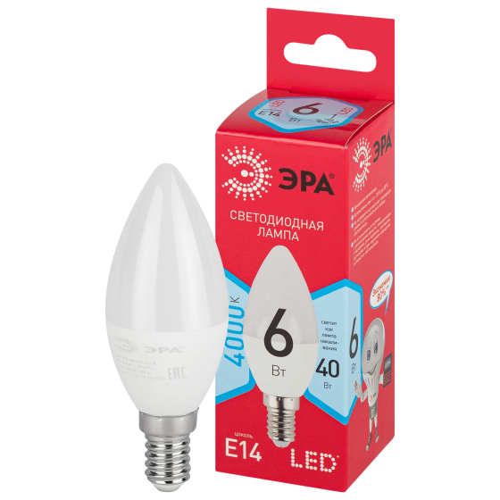 Купить оптом недорого Лампочка светодиодная ЭРА RED LINE LED B35-6W-840-E14 R E14 / Е14 6 Вт свеча нейтральный белый свет