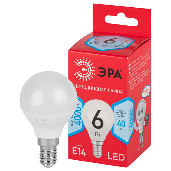 Купить оптом недорого Лампочка светодиодная ЭРА RED LINE LED P45-6W-840-E14 R E14 / Е14 6Вт шар нейтральный белый свет