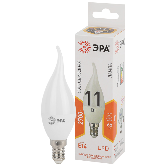 Купить оптом недорого Лампочка светодиодная ЭРА STD LED BXS-11W-827-E14 E14 / Е14 11Вт свеча на ветру теплый белый свет