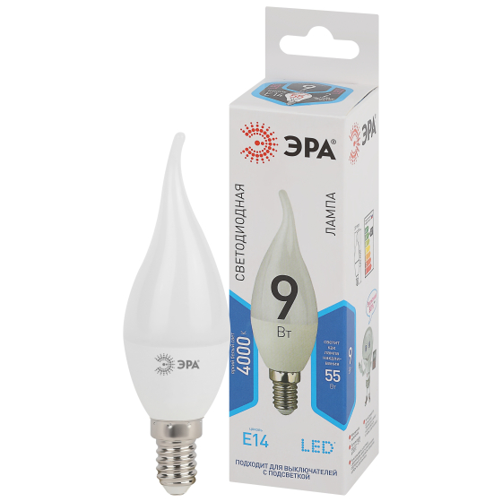 Купить оптом недорого Лампочка светодиодная ЭРА STD LED BXS-9W-840-E14 E14 / Е14 9Вт свеча на ветру нейтральный белый свет