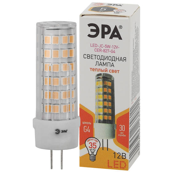 Купить оптом недорого Лампочка светодиодная ЭРА STD LED JC-5W-12V-CER-827-G4 G4 5 Вт керамика капсула теплый белый свет