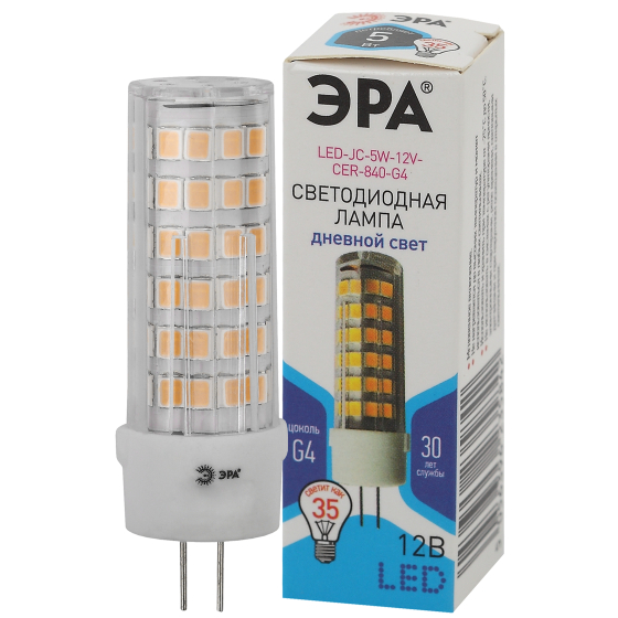 Купить оптом недорого Лампочка светодиодная ЭРА STD LED JC-5W-12V-CER-840-G4 G4 5 Вт керамика капсула нейтральный белый свет