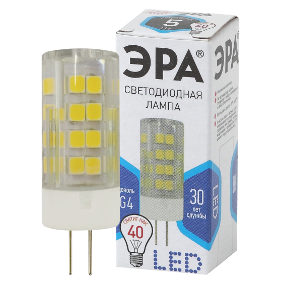 Купить оптом недорого Лампочка светодиодная ЭРА STD LED JC-5W-220V-CER-840-G4 G4 5Вт керамика капсула нейтральный белый свет