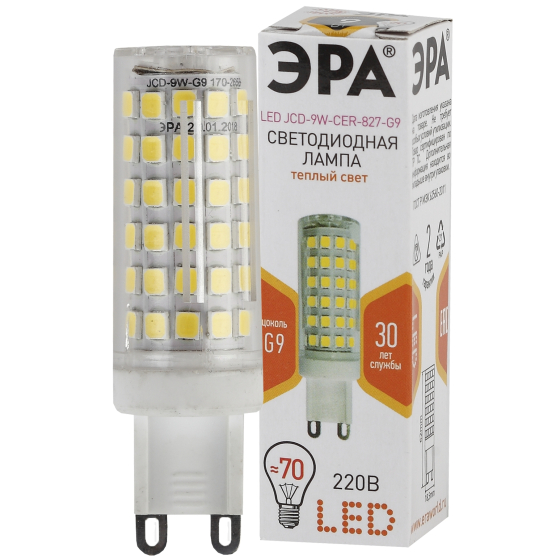 Купить оптом недорого Лампочка светодиодная ЭРА STD LED JCD-9W-CER-827-G9 G9 9Вт керамика капсула теплый белый свет
