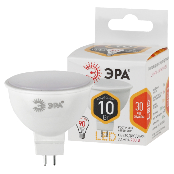 Купить оптом недорого Лампочка светодиодная ЭРА STD LED MR16-10W-827-GU5.3 GU5.3 10Вт софит теплый белый свет