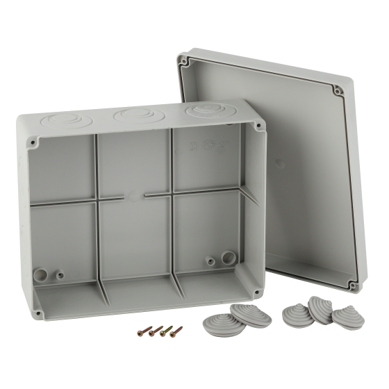 Купить оптом недорого Распаячная коробка ЭРА KORv-240-195-90 открытой установки серая 240х195х90мм на винтах гермовводы d25-3шт