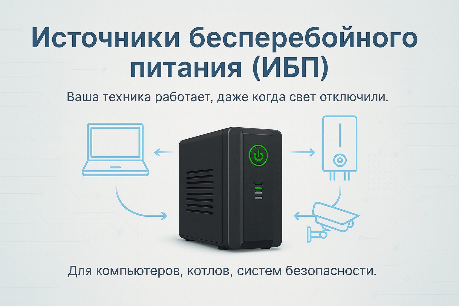 Защита оборудования: источник бесперебойного питания (ИБП), обеспечивающий работу компьютера, котла и системы видеонаблюдения при отключении электричества.