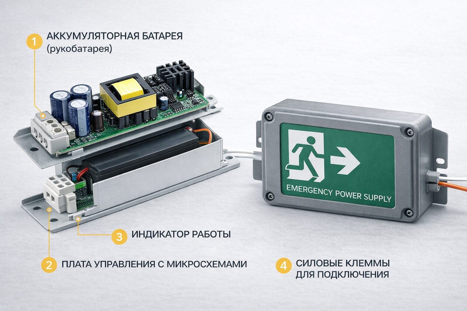 Внешний вид и внутренняя плата блока аварийного питания (БАП) для светодиодных светильников