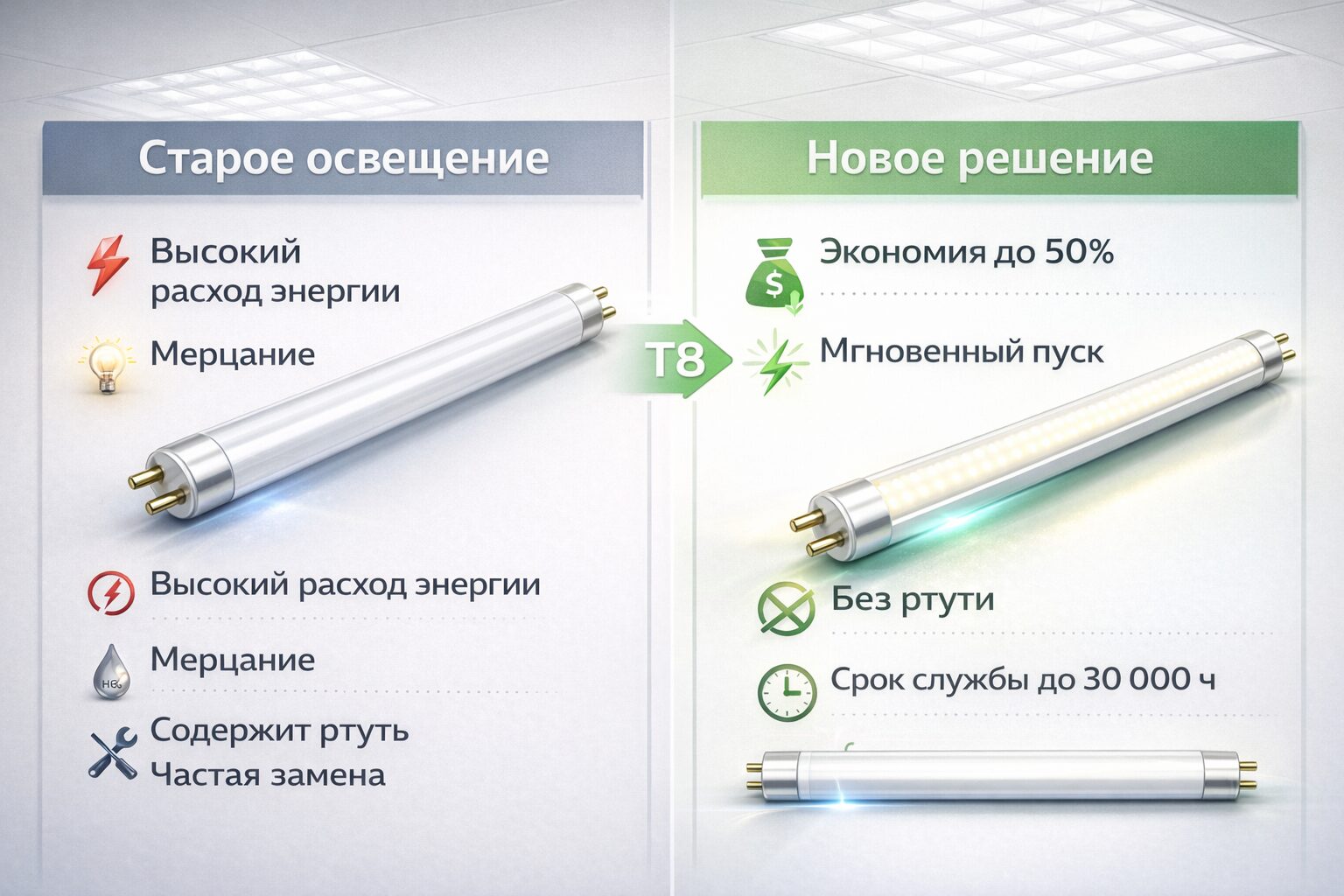 Светодиодная лампа Т8 установлена в офисный светильник Армстронг, демонстрация яркого и равномерного света