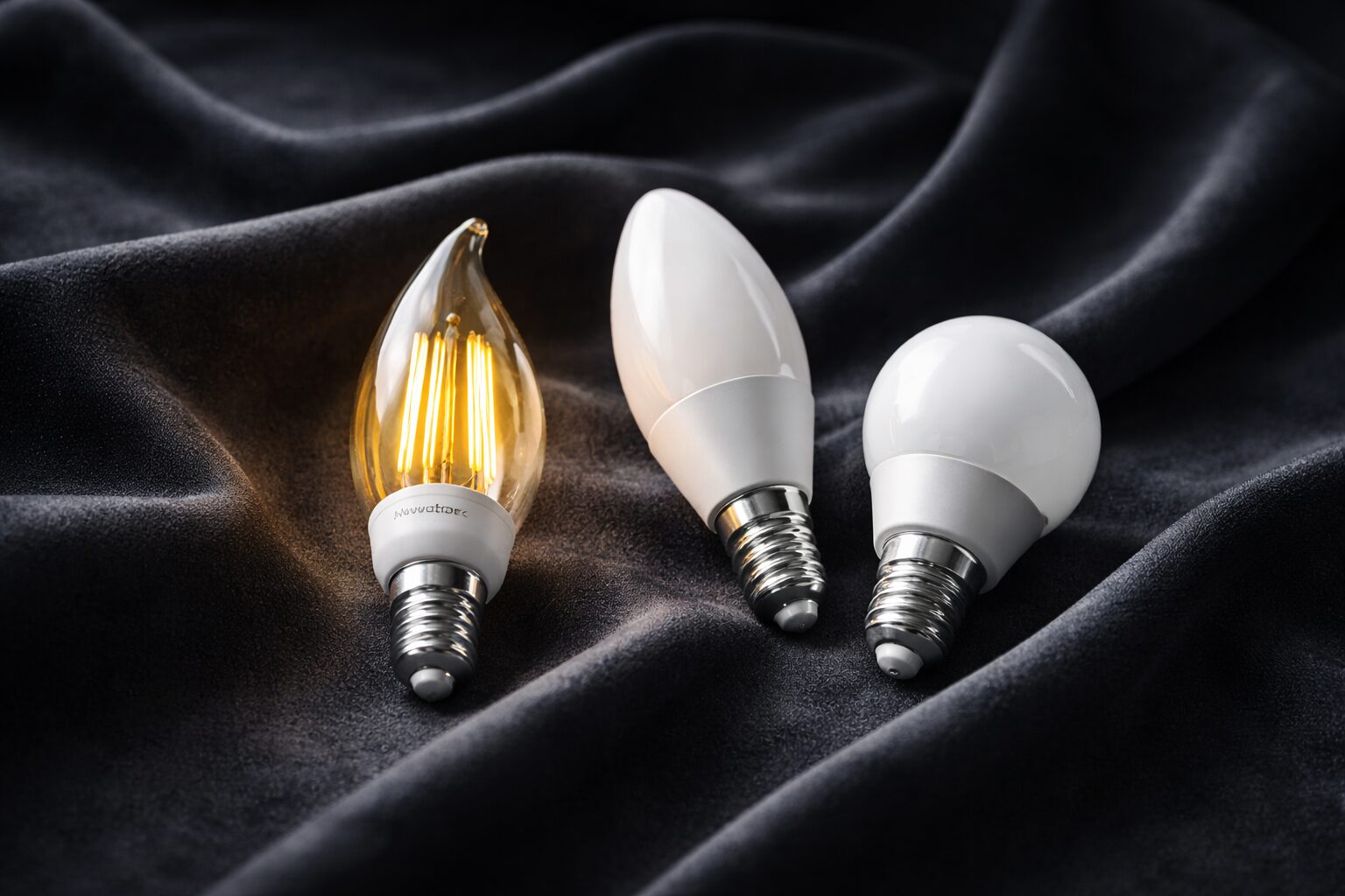 Элегантная композиция: светодиодные лампы Е14 в форме свечи, шара и филаментная модель на тёмном бархатном фоне