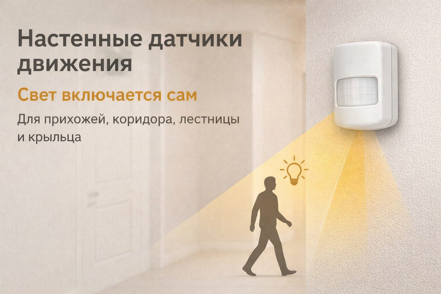 Белый настенный датчик движения, установленный в углу коридора. Схематично показана его зона обнаружения в форме сектора 180 градусов.