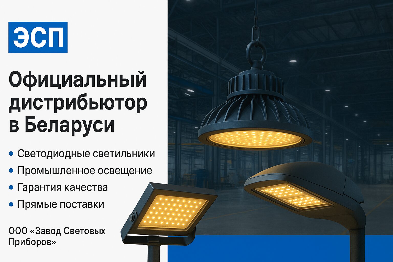 Светильники ЭСП - официальный дистрибьютор ООО «ЭкоСветоСистемы» в Беларуси. Промышленные и светодиодные светильники от российского производителя ООО «Завод Световых Приборов». 
