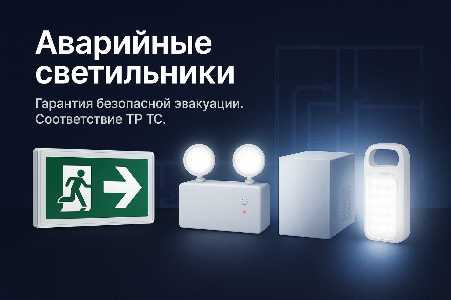 Сертифицированные аварийные светильники для офиса и производства. Светодиодные модели и указатели "Выход" для безопасной эвакуации.