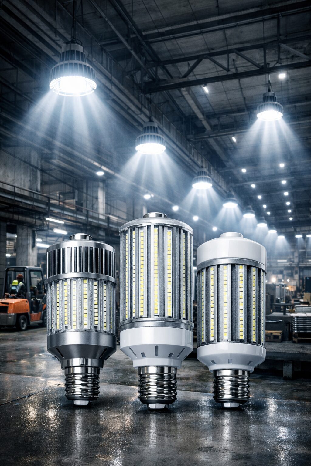 Мощные светодиодные лампы Е40 в промышленном цеху: яркое, равномерное освещение без тёмных зон