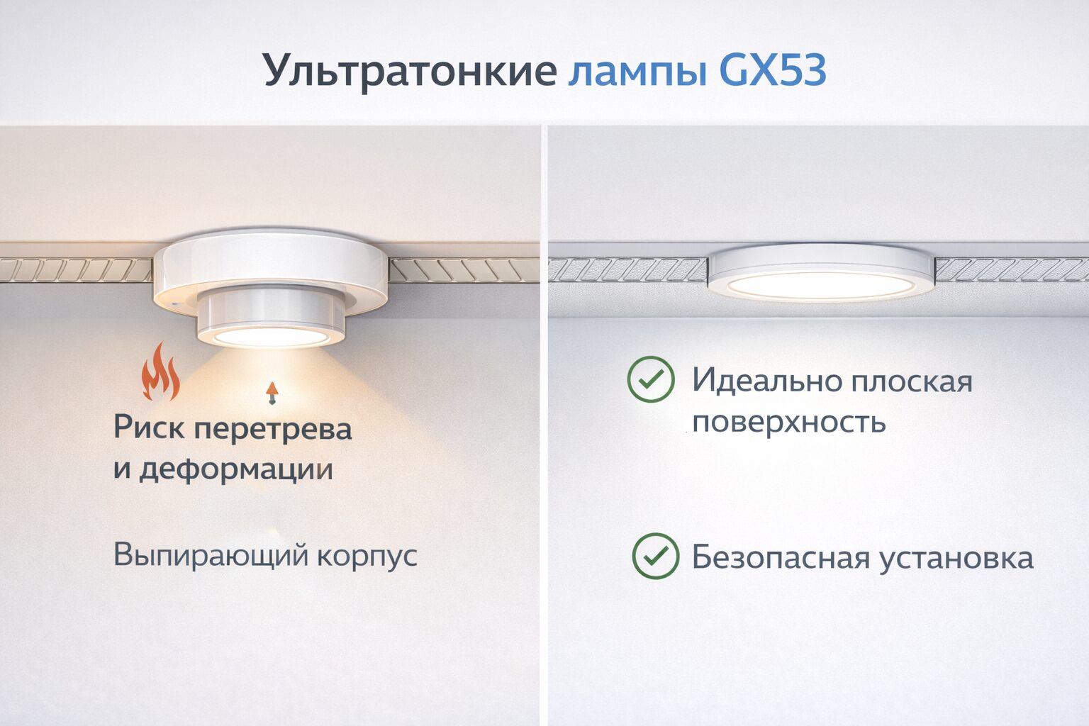 Супертонкая светодиодная лампа GX53 в сравнении с обычной, установка в потолочный спот