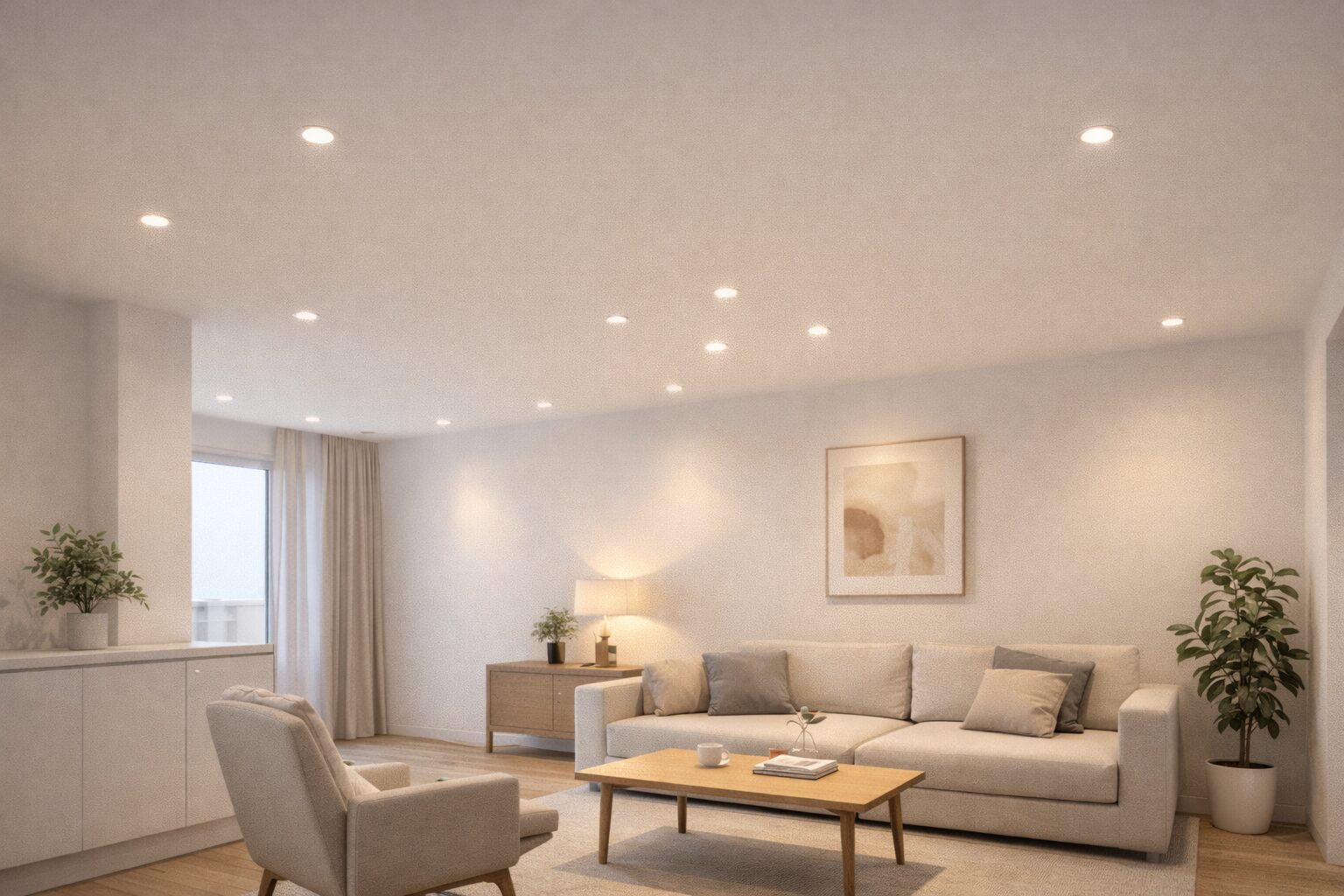 Современный интерьер с натяжным потолком, где встроенные светодиодные светильники создают ровную световую плоскость