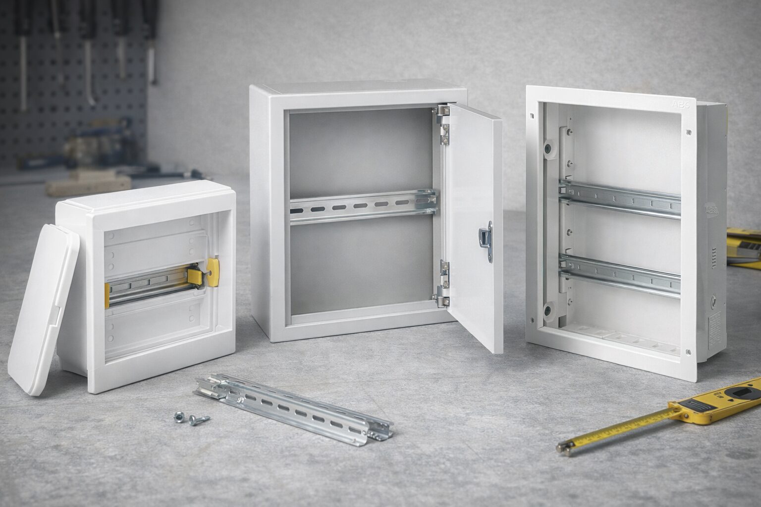 Разные типы электрических щитков: пластиковый встраиваемый бокс, металлический навесной щит и компактный корпус на столе