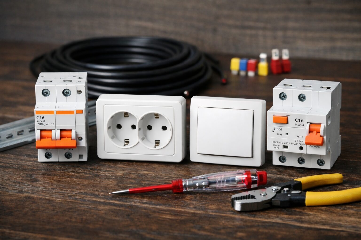 Качественная электротехника для профессионального монтажа от ООО «ЭкоСветоСистемы» Различные компоненты электротехники: автоматические выключатели, розетки, модульное оборудование, аккуратно разложенные на столе