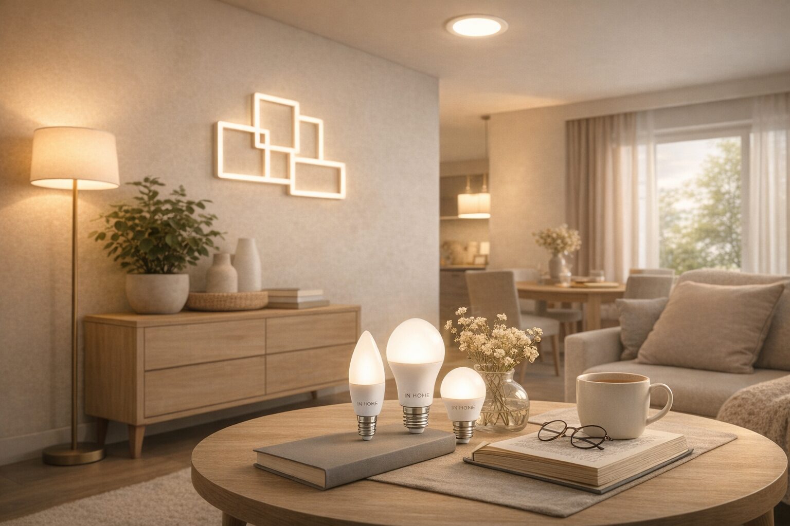 Светодиодные лампы, встраиваемый светильник и декоративная панель IN HOME в современной гостиной