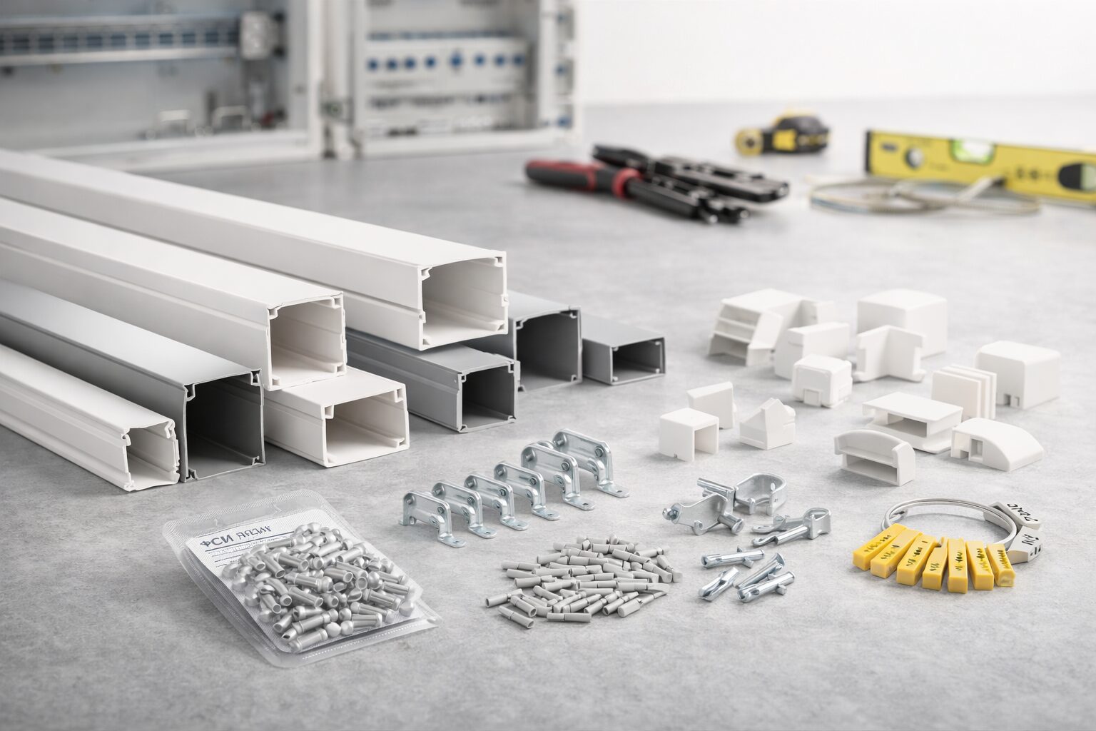 Набор профессиональных материалов для электромонтажа: кабель-каналы, бугели, соединительные гильзы ГСИ, маркировочные бирки от ООО «ЭкоСветоСистемы»