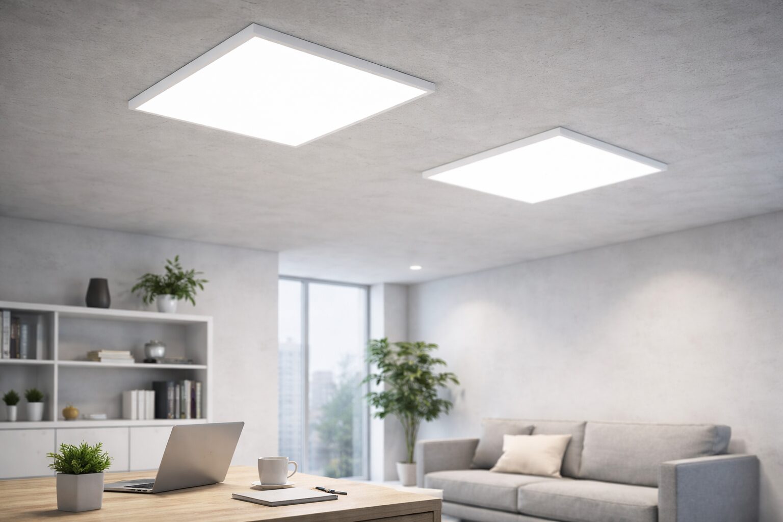 Современный накладной светодиодный светильник-панель, установленный на белый потолок в светлом офисе