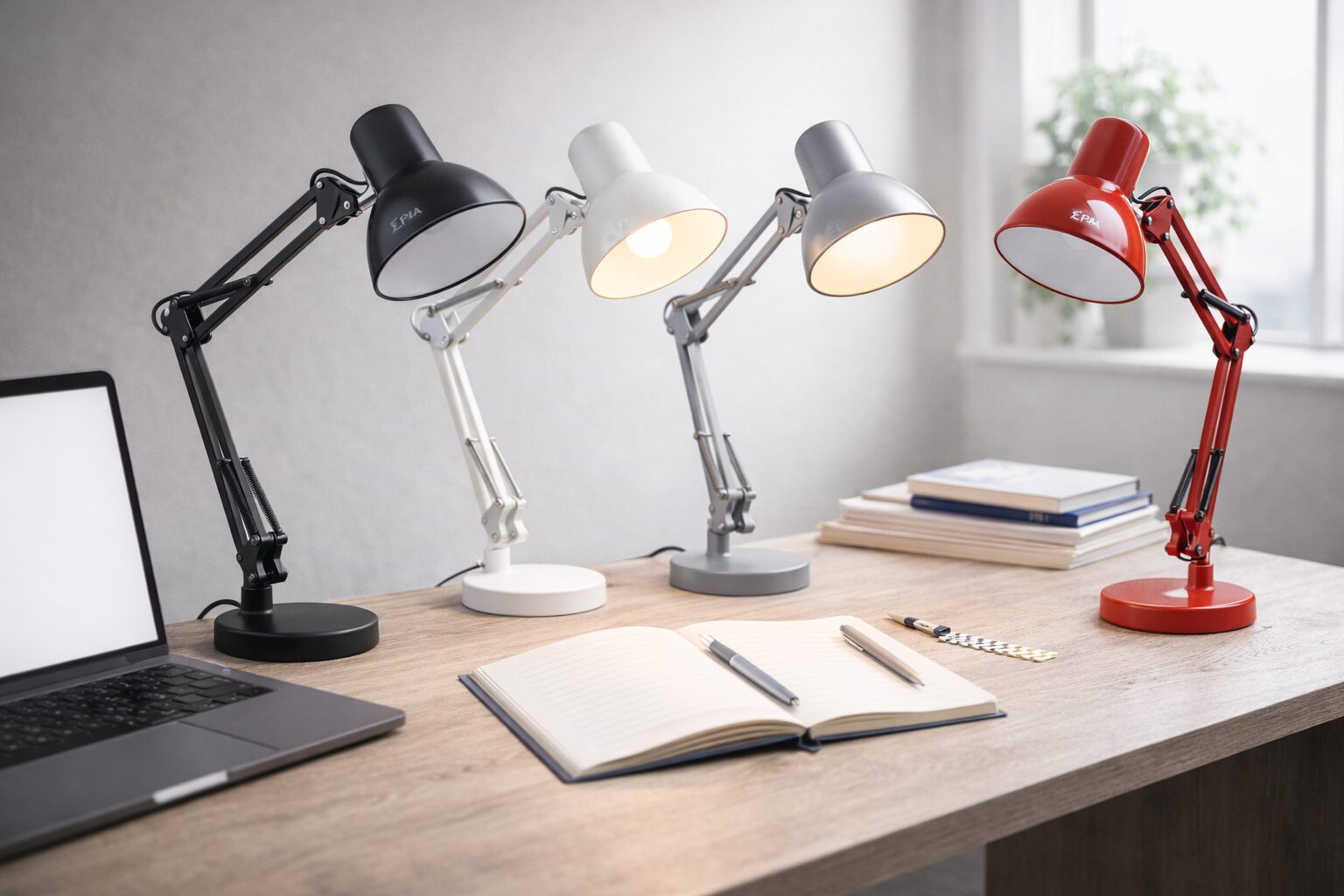 Коллекция настольных светильников для рабочего стола от ООО «ЭкоСветоСистемы» Современные настольные светильники черного, белого и серого цвета с креплением на прищепке на деревянном столе