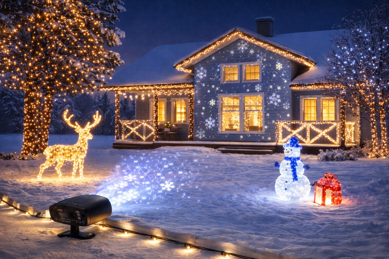 Эффектное новогоднее освещение дома — гирлянды, проекторы, фигуры Яркое новогоднее украшение фасада дома и двора светодиодными гирляндами, белт лайтом, световыми проекторами и фигурами