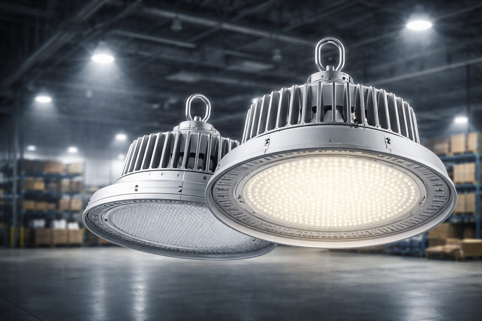 Яркий промышленный светодиодный светильник с защитой IP65, установленный под потолком современного производственного цеха