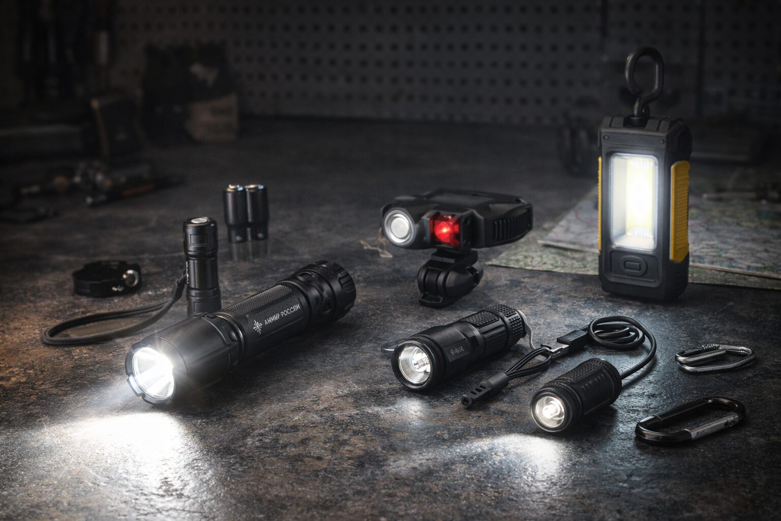 Коллекция современных светодиодных фонарей: ручные тактические, велосипедные и компактные модели на деревянном столе