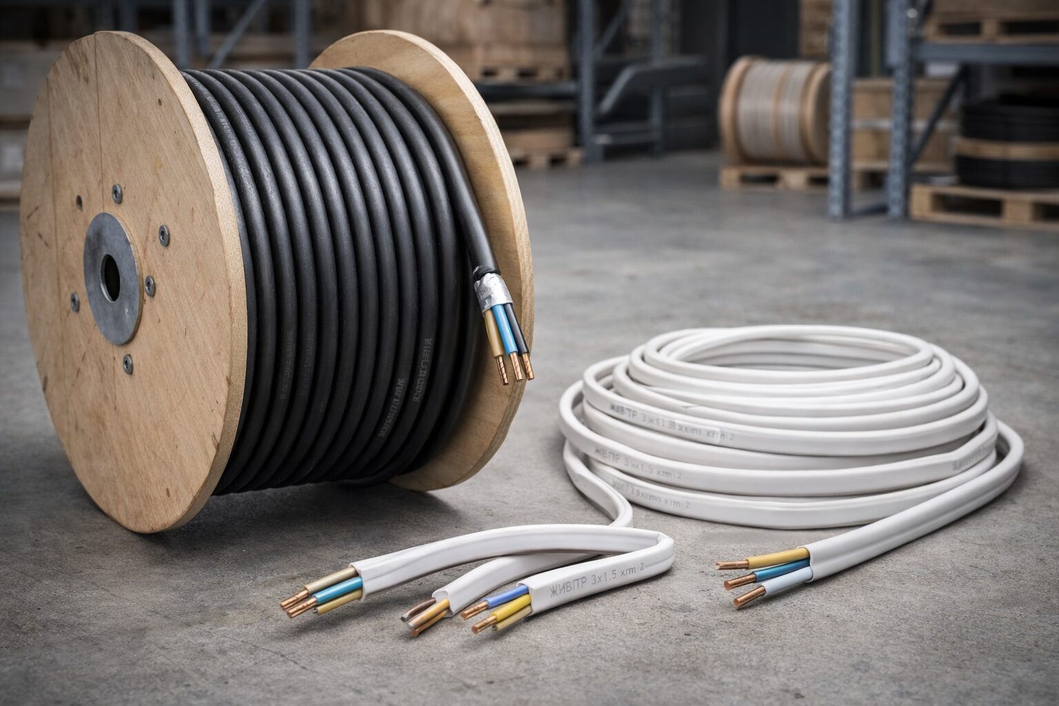 Надежный силовой кабель в бронированной оболочке и гибкий монтажный провод, лежащие на фоне промышленного склада