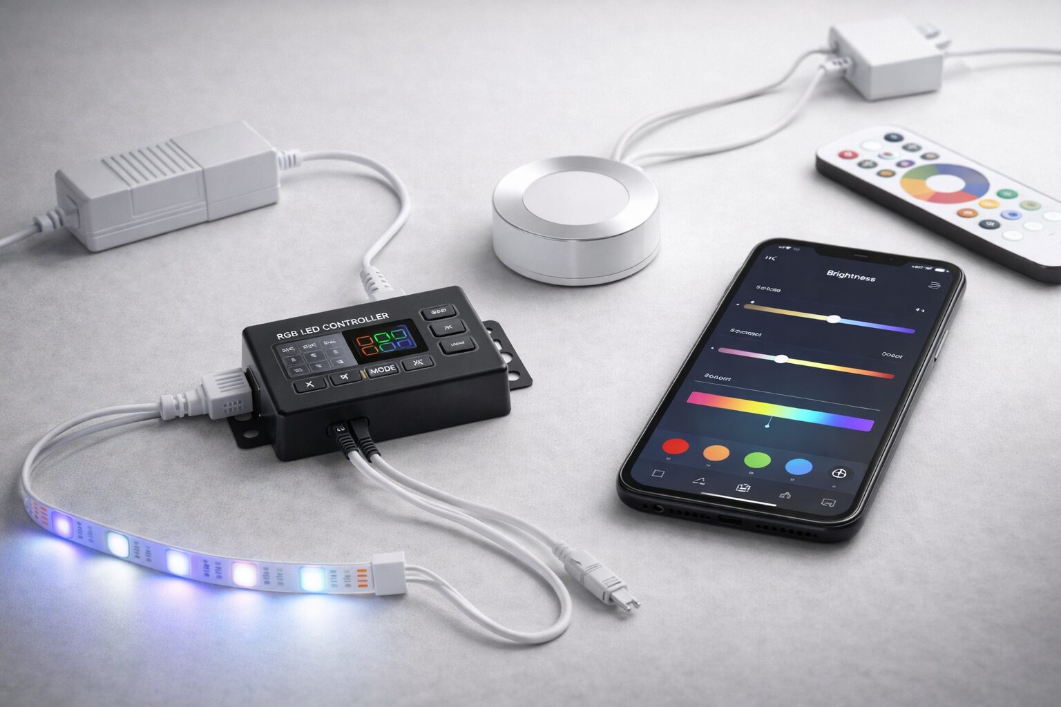 Комплект оборудования для управления светом: RGB контроллер, диммер, блок питания и смартфон с приложением на столе