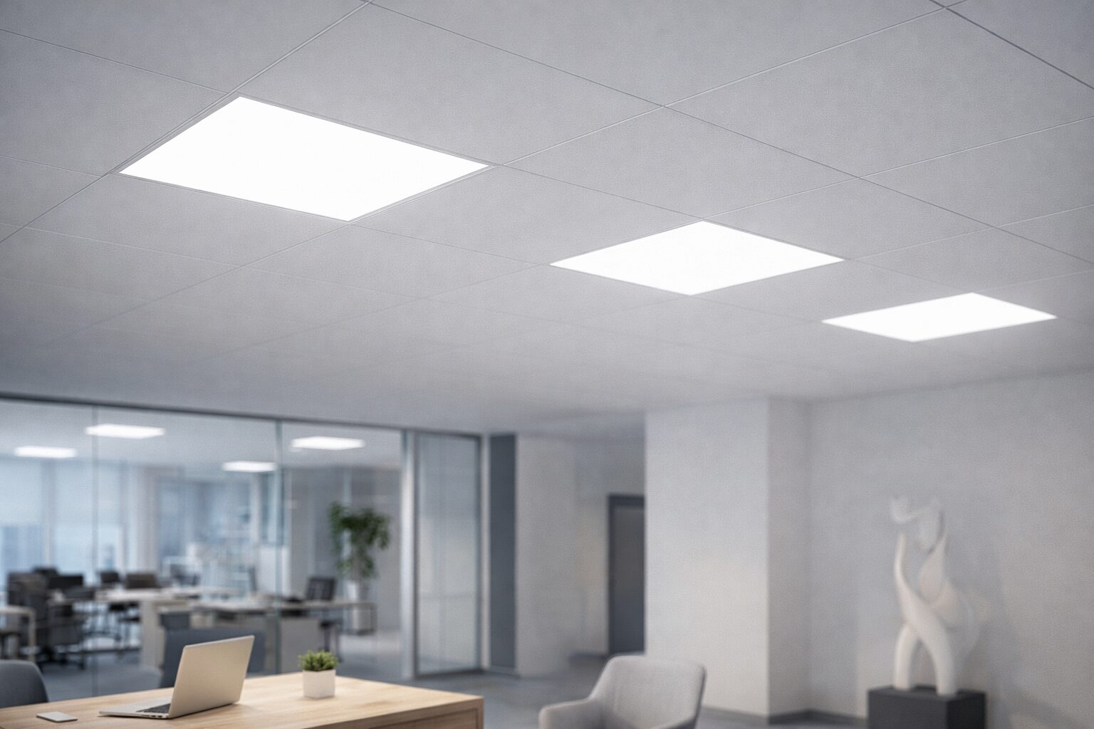 Светодиодные панели в офисе: стильное и эффективное освещение Современный офисный интерьер с равномерным бесшовным освещением от встраиваемых потолочных светодиодных панелей