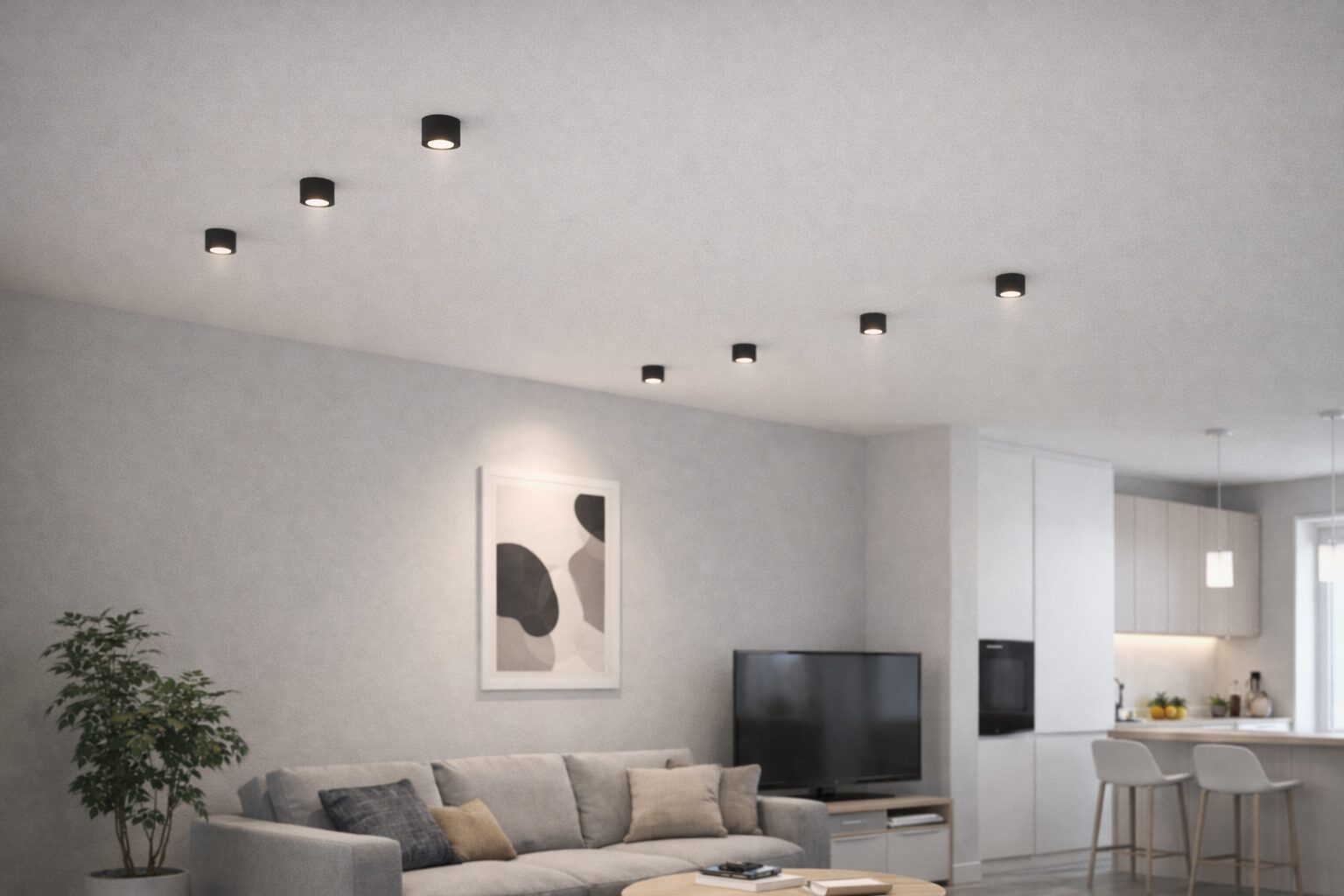 Точечные светильники для современного интерьера от ООО «ЭкоСветоСистемы» Современные точечные светильники (споты), встроенные в белый натяжной потолок в гостиной комнате