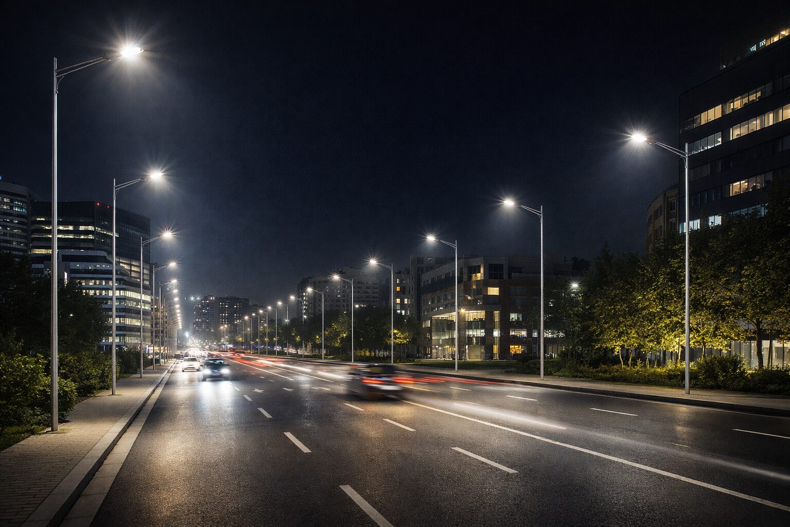 Эффективное и надежное уличное освещение от ООО «ЭкоСветоСистемы» Современные консольные светодиодные светильники, освещающие городскую улицу в вечернее время