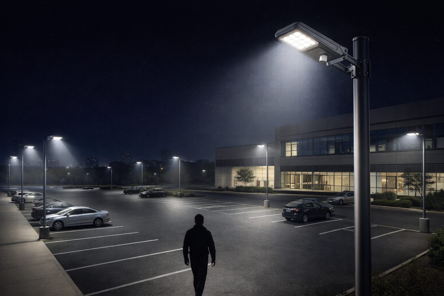 Профессиональное уличное освещение: светодиодные светильники ЭРА SPP Уличные светодиодные светильники ЭРА серии SPP освещают современную автостоянку в тёмное время суток