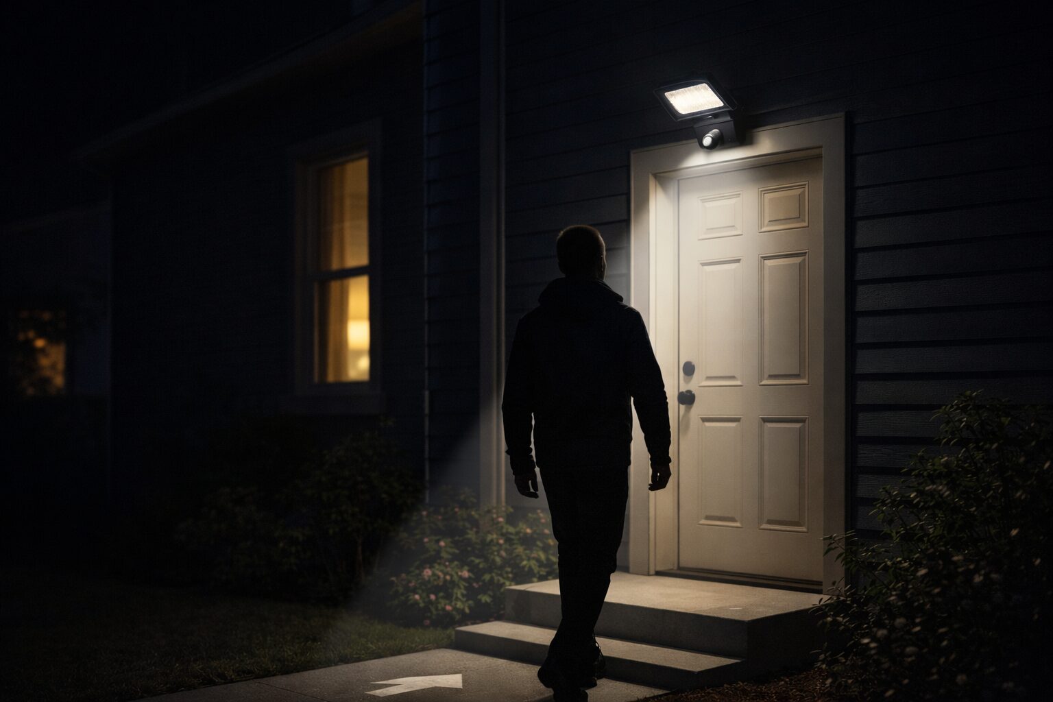 Умное уличное освещение: светильник с датчиком движения Уличный светодиодный светильник с датчиком движения освещает двор частного дома в темноте
