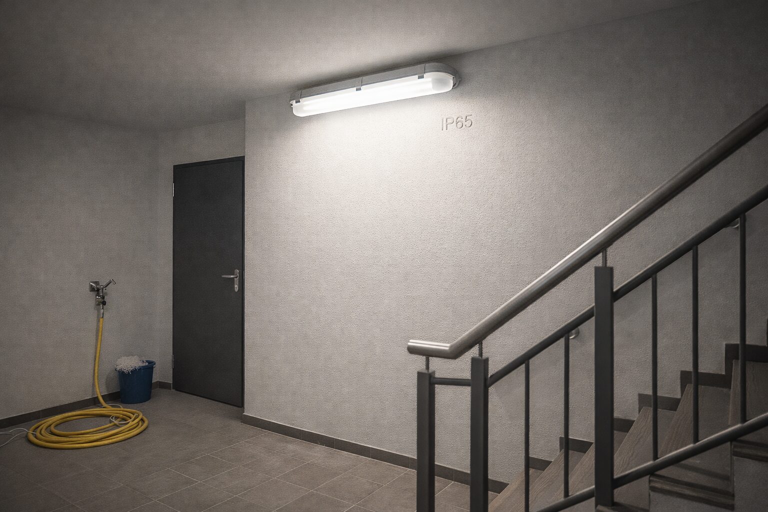Надёжное освещение для влажных помещений: светильник IP65 Влагозащищённый светодиодный светильник IP65, установленный на стене в современном подъезде